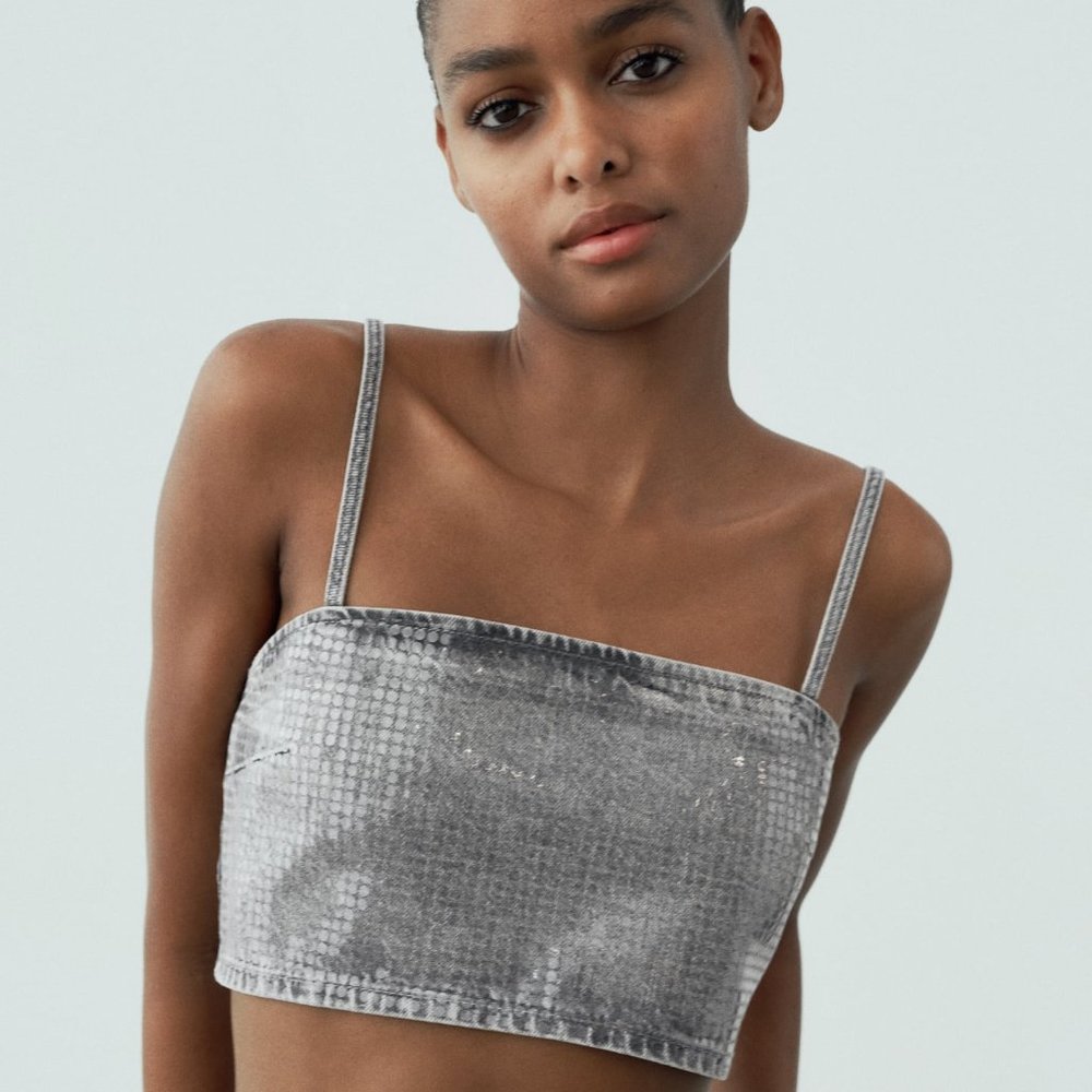 🆕 ZARA TRF SEQUINNED FOIL DENIM CROP TOP | ZARA CROP TOP